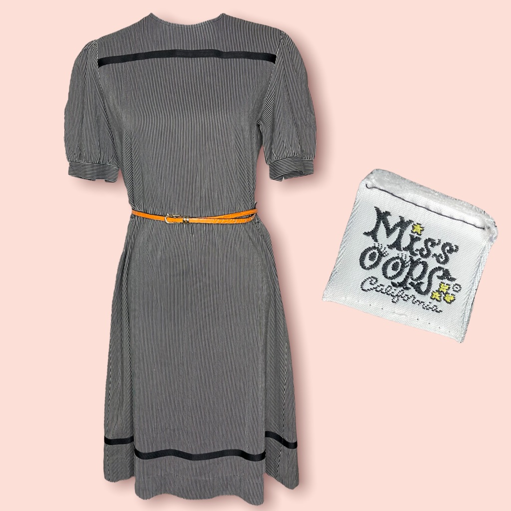 Vintage Miss Oops California Pinstripe Dress With Puffed Sleeve  Ribbon Detail